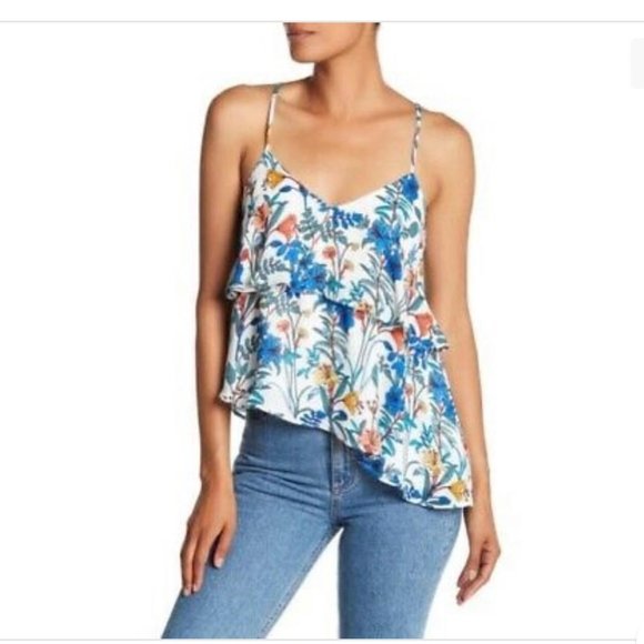 Parker Tops - Parker XS White Floral Asymmetrical Hem Flounce Detail Tank Top